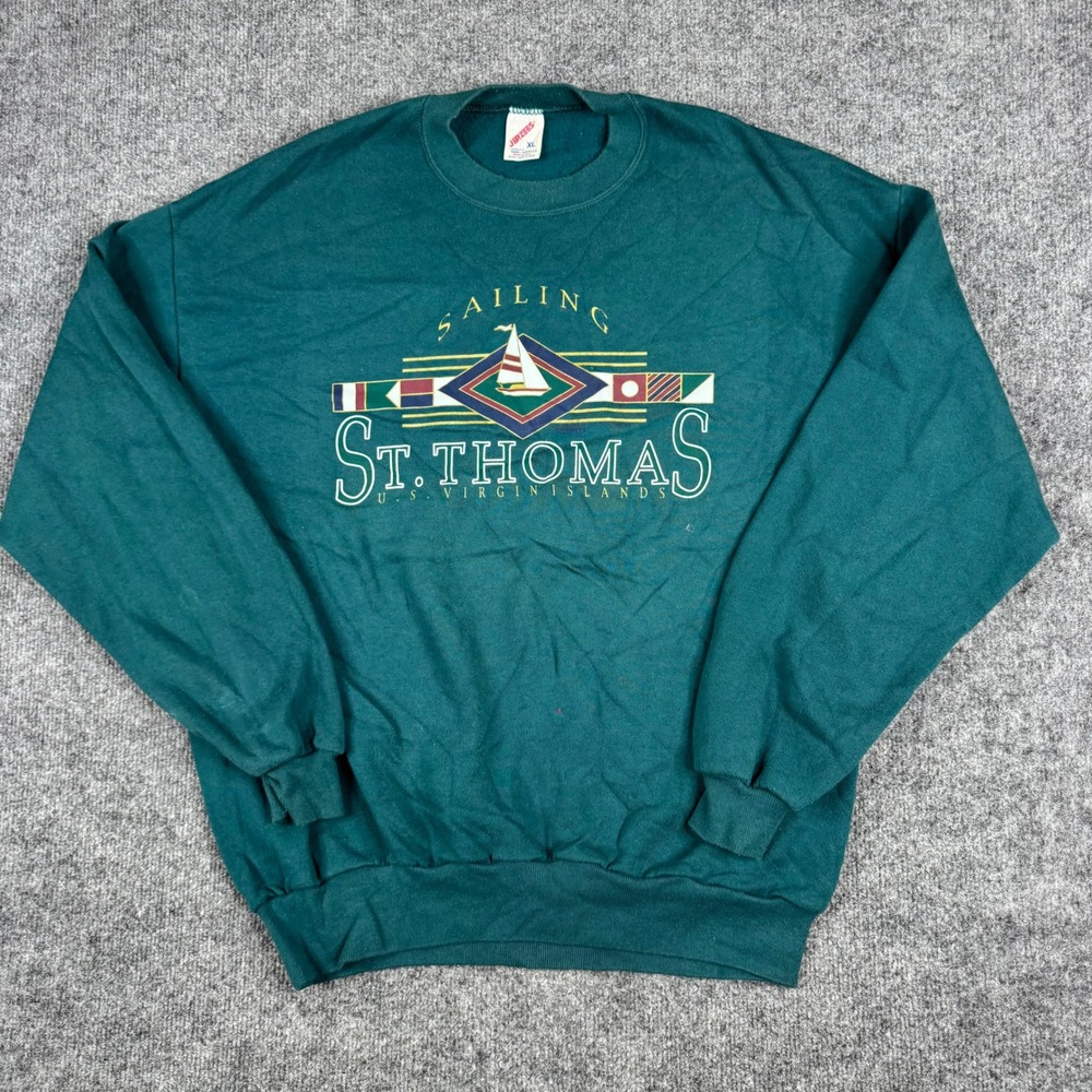 Jerzees Sweatshirt Mens XL Green St. Thomas Sailing Graphic Made in USA Vintage
